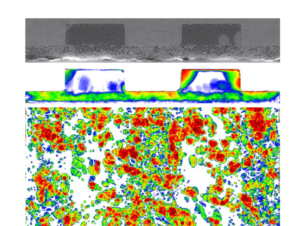 Flüssigwasser-Visualisierung mittels XTM in der GDL und den Kanälen einer betriebenen BZ, aus: J. Eller, J. Roth, F. Marone, M. Stampanoni, und F. N. Büchi, „Operando Properties of Gas Diffusion Layers: Saturation and Liquid Permeability“, J. Electrochem. Soc., Bd. 164, Nr. 2, S. F115–F126, 2017, doi: 10.1149/2.0881702jes.