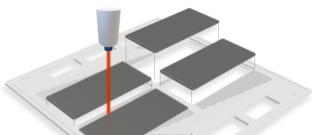 Grafische Darstellung des Einfügens von Bipolarplatten-Einlegern in einen Polymerrahmen und des Verschweißens mittels Laser