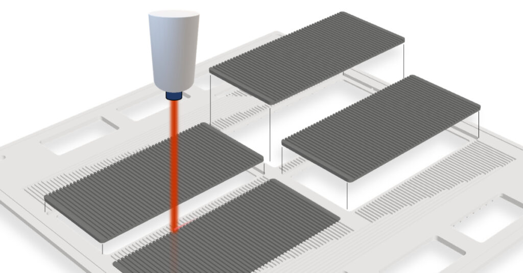 Grafische Darstellung des Einfügens von Bipolarplatten-Einlegern in einen Polymerrahmen und des Verschweißens mittels Laser